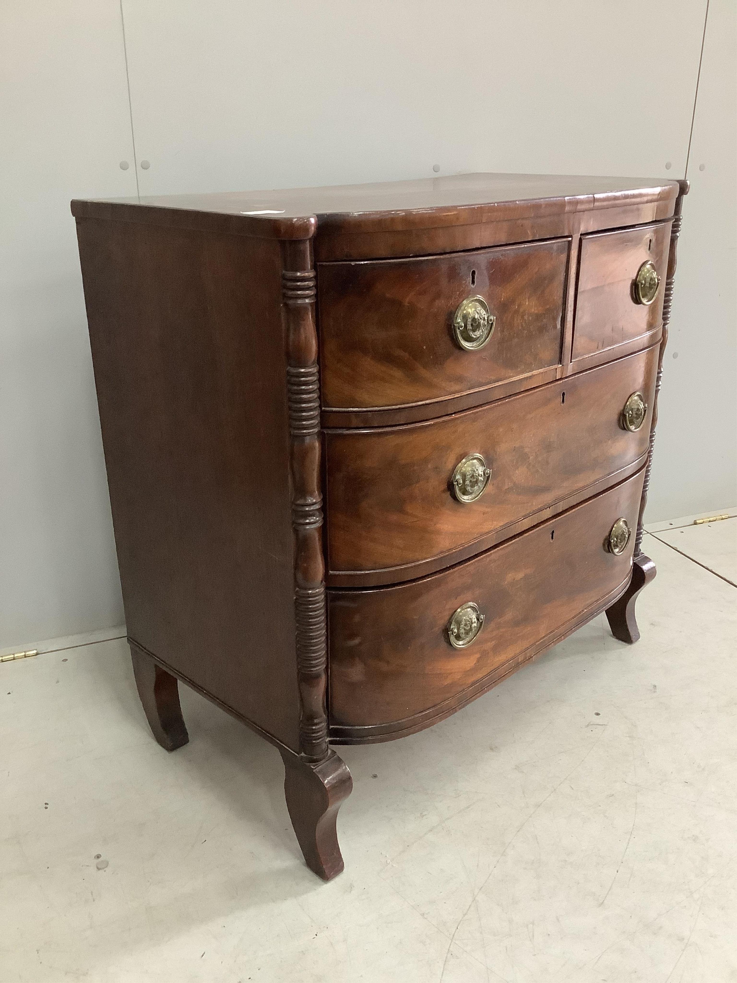 A Regency mahogany bowfront chest of four drawers, width 90cm, depth 51cm, height 89cm. Condition - fair